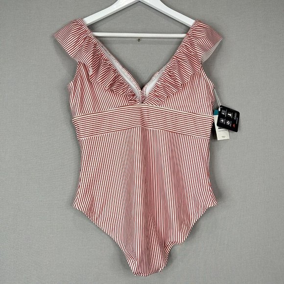 Aava Womens Swimwear Extra Large Red Ocean Retro Stripe One Piece Ruffle 4th - Picture 6 of 11